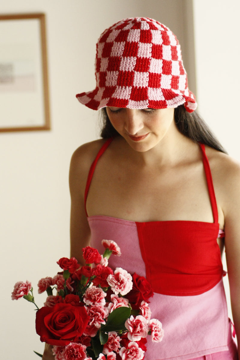 Bucket Hat-Red and White Checker