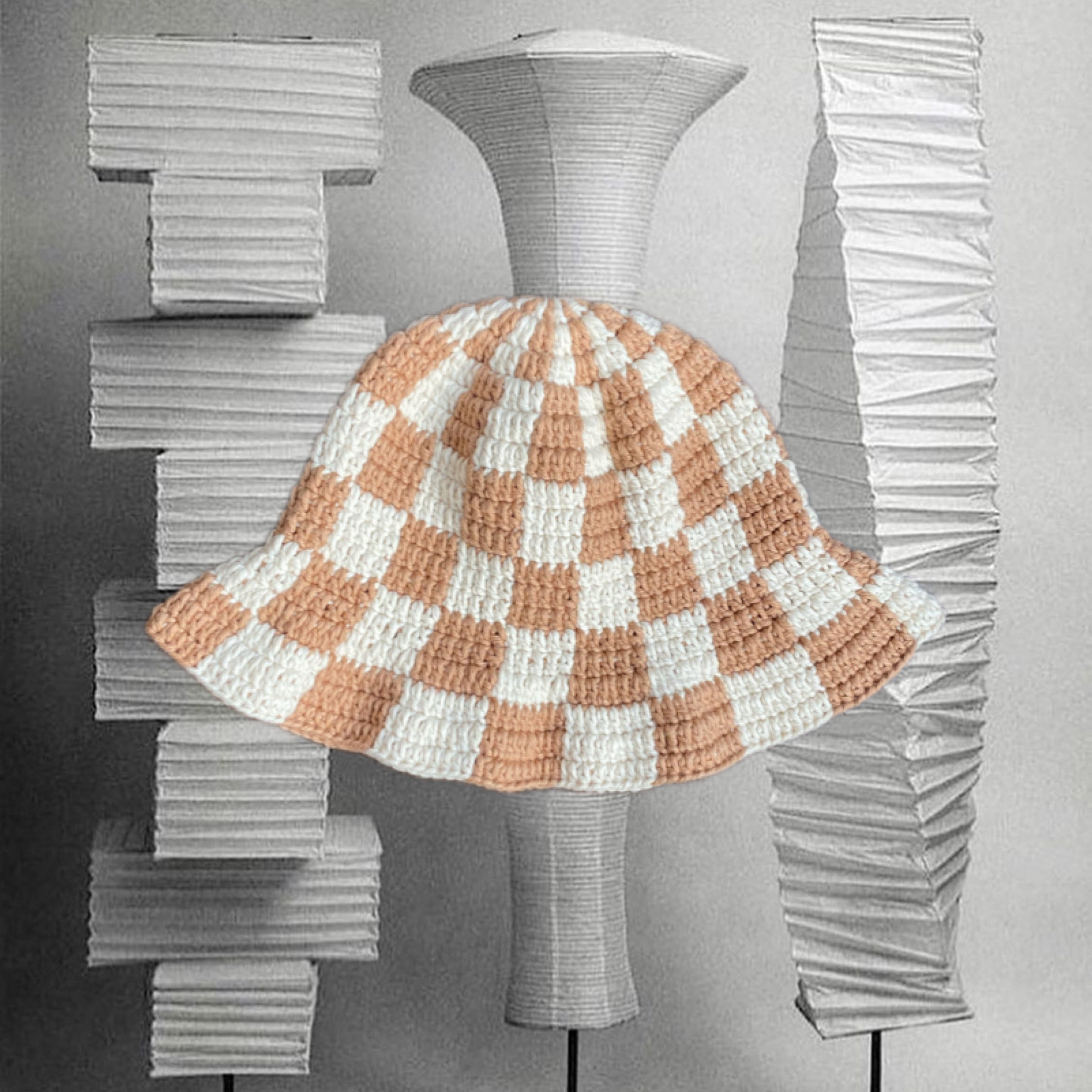 Beige & White Checkered Hat
